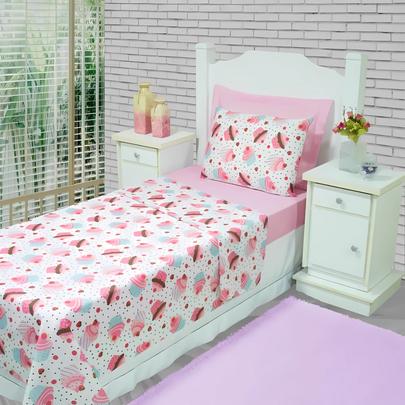 Jogo de Cama Cupcake Infantil – Solteiro 3 Peças
