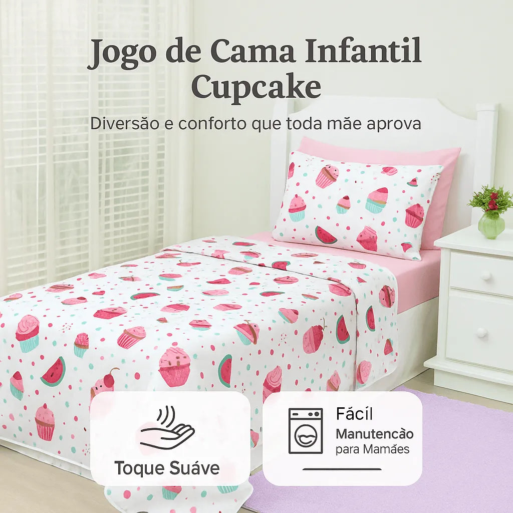 Jogo de Cama Cupcake Infantil – Solteiro 3 Peças Enxovais