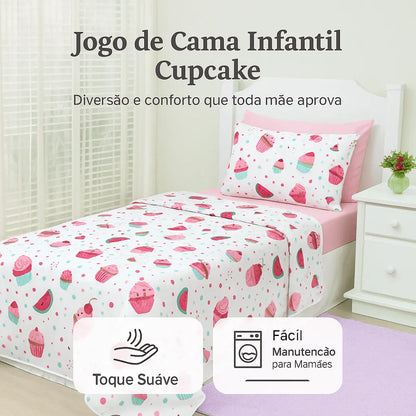 Jogo de Cama Cupcake Infantil – Solteiro 3 Peças Enxovais