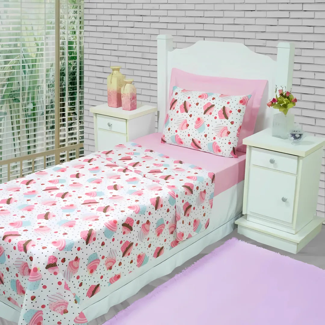 Jogo de Cama Cupcake Infantil – Solteiro 3 Peças Enxovais