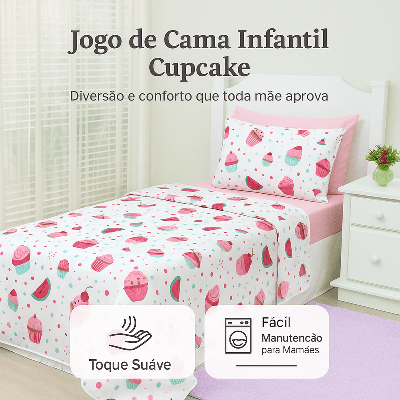Jogo de Cama Cupcake Infantil – Solteiro 3 Peças