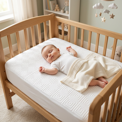 Bebê dormindo em berço com protetor impermeável Premium Super Silencioso ConfortoOffice