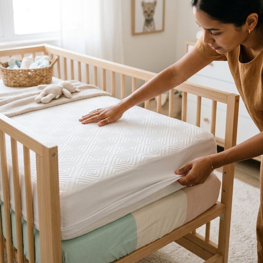 Mãe colocando protetor impermeável Premium no berço