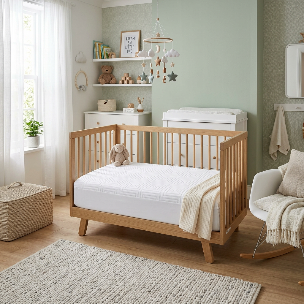 Quarto de bebê moderno com berço e protetor impermeável Premium