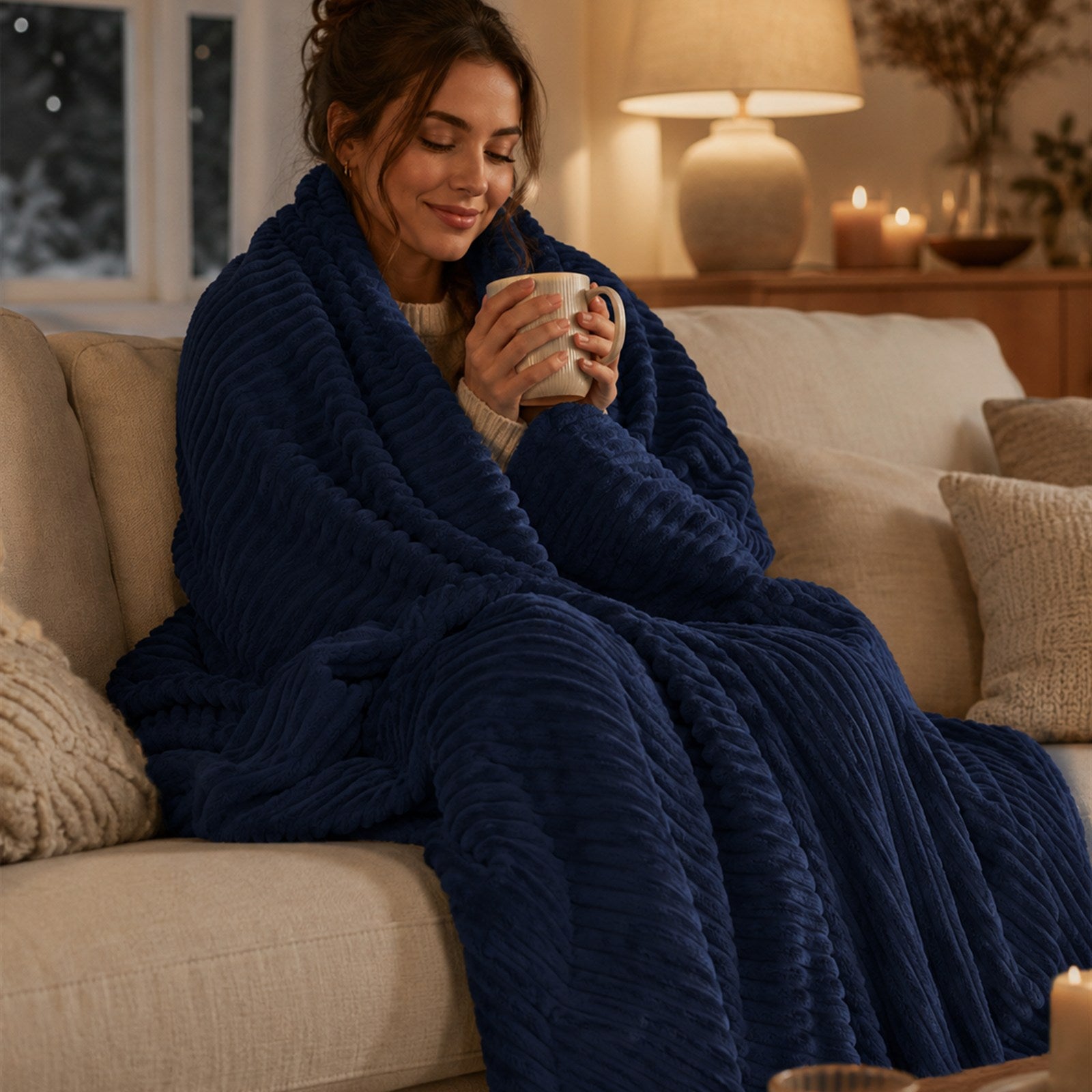 Pessoa enrolada na Manta Canelada Elegance no sofa com xicara quente